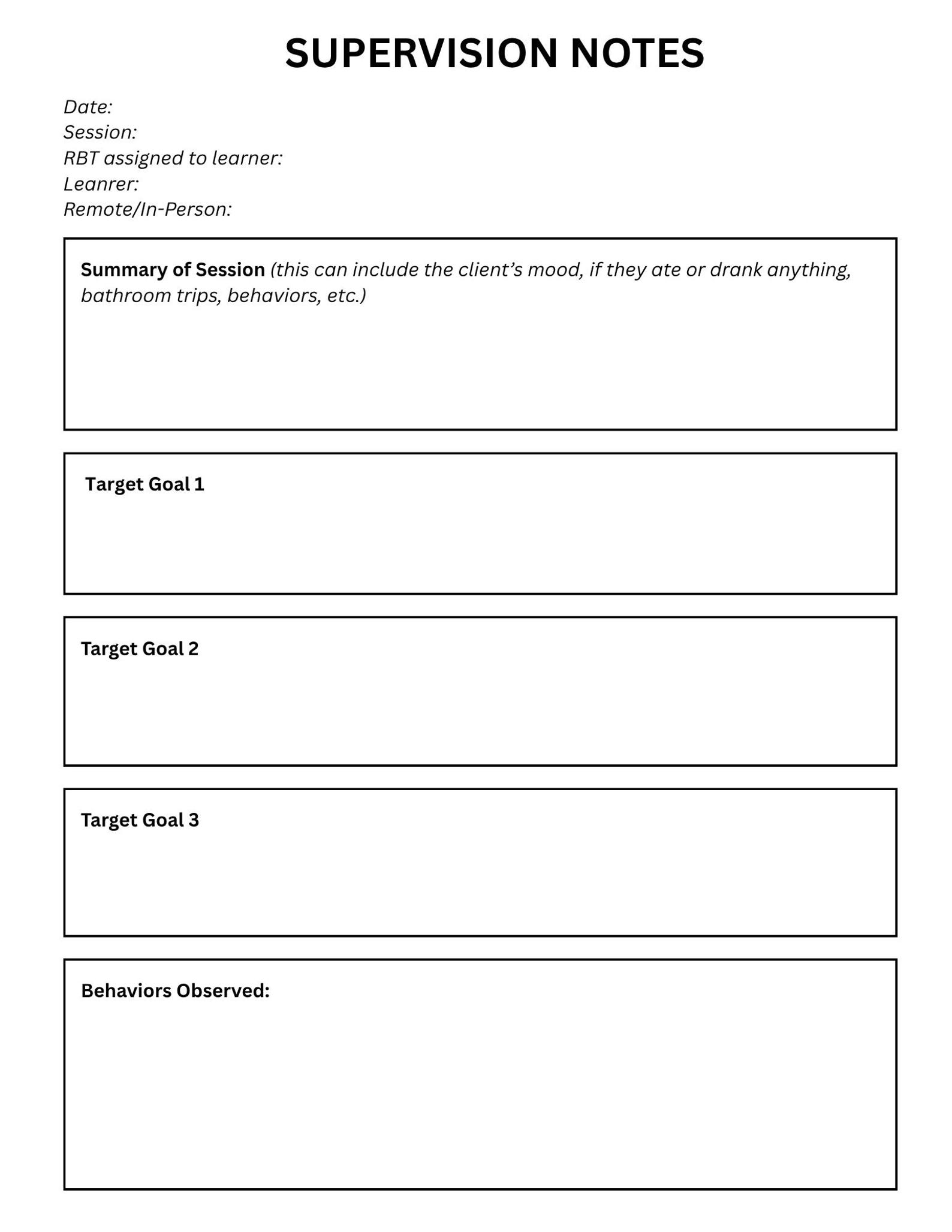 ABA Supervision Note Template - Etsy