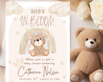 Editable Gender Neutral Bear Baby Shower Invitation,Baby In Bloom, Baby Shower Invite, Brown Boho Bear Baby Shower, Neutral Bear Minimalist