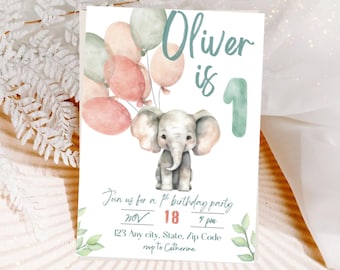 Editable Blue Elephant Baby Birthday, Invitation Bundle, Boy Elephant Birthday, Floral Elephant Baby Shower, Little Peanut,One Year Birthday