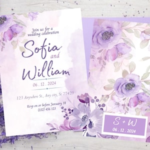 Lavendel Hochzeitseinladung Vorlage Download, Lila Lila Hochzeitseinladung, Blumenhochzeitsreihe, bearbeitbarer Sofortiger Download - Lillian