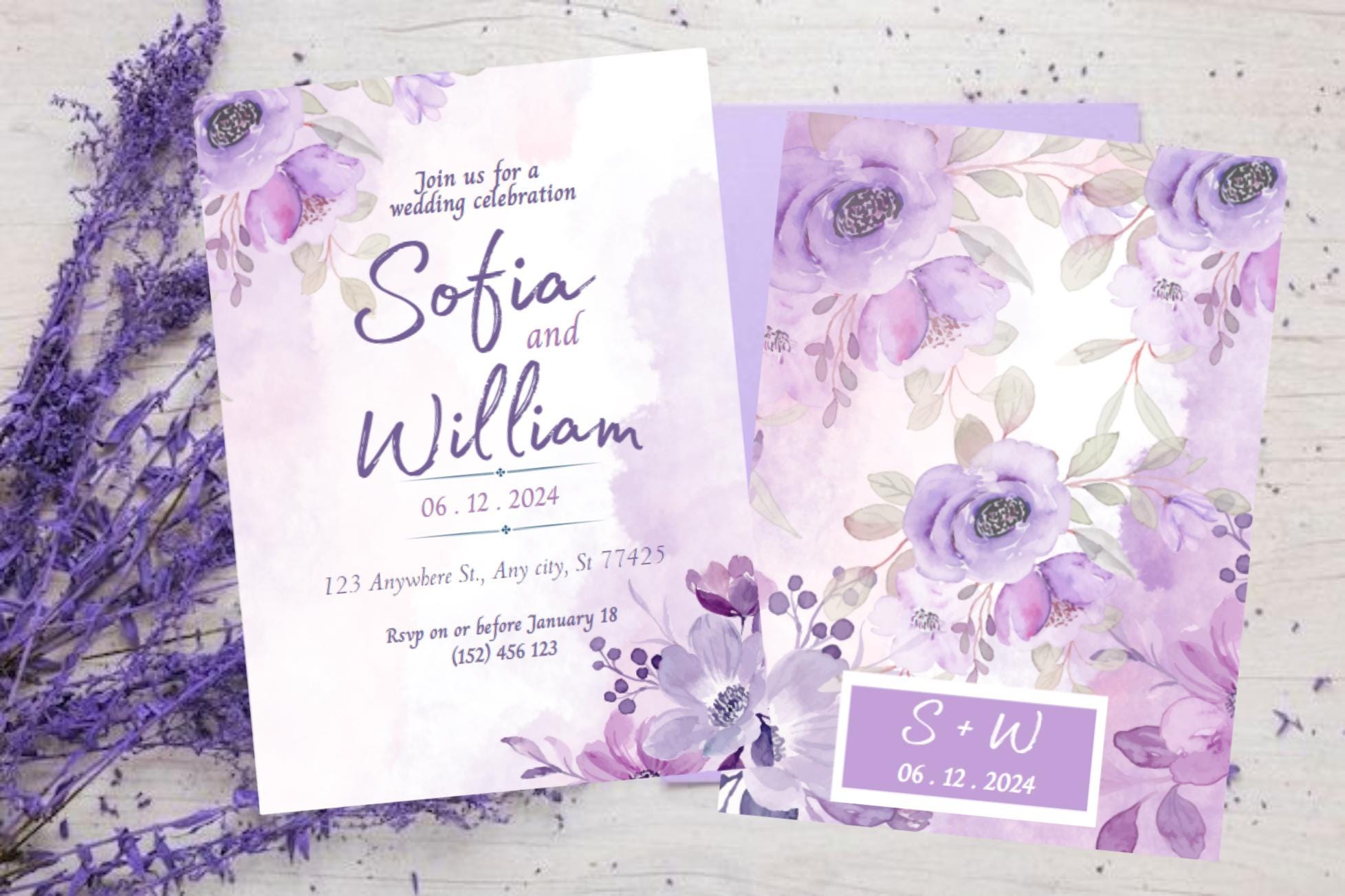 Lavender Wedding Invitation Template Download, Lilac Purple Wedding Invitation, Floral Wedding Suite, Editable Instant Download - Lillian