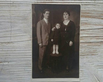 Vintage photo couple, woman and man, husband wife child family of three people, portraits