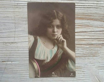 Vintage postcard, color photo, woman, romantic chic photo