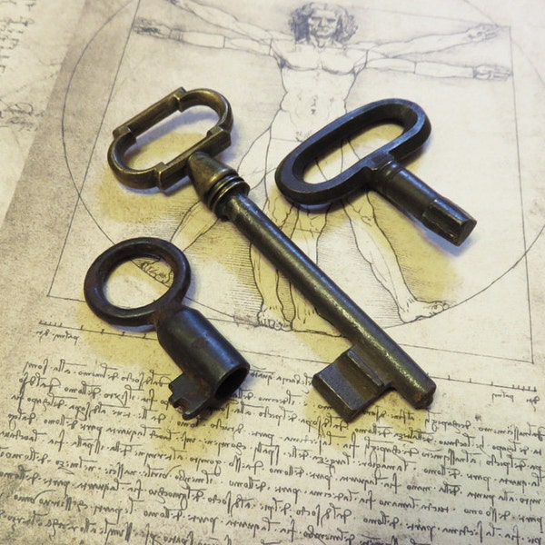 Antique and Vintage French Ornate Keys - 3 Genuine Iron Skeleton Keys (S-38).