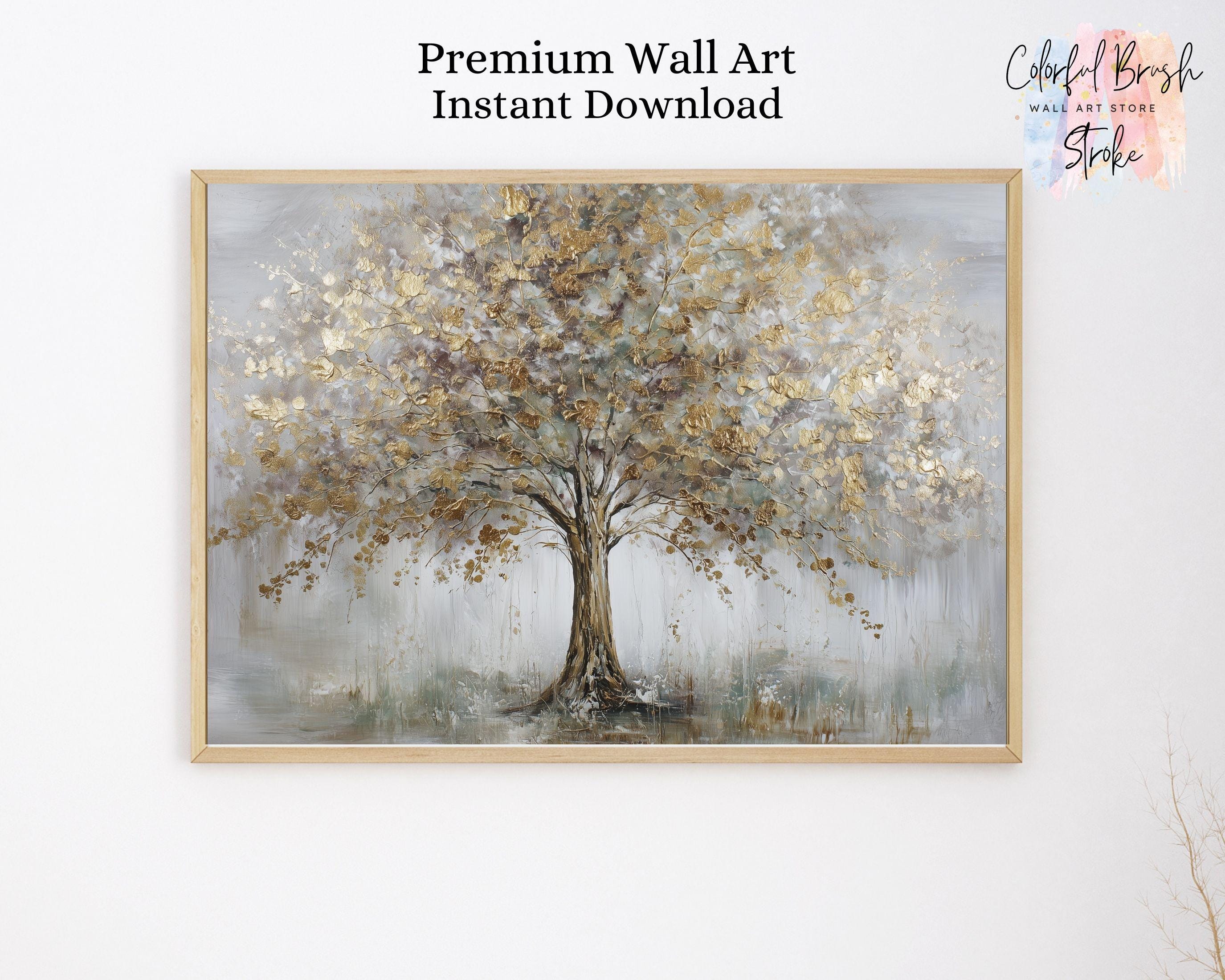 Gold Tree of Life Wall Art Printable, Abstract Gold Leaf Tree Painting ...