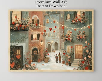 May include: Watercolor illustration of a European village scene with buildings in shades of teal, peach, and brown. Red heart decorations and floral arrangements adorn the buildings. The text "Premium Wall Art Instant Download" is at the top.