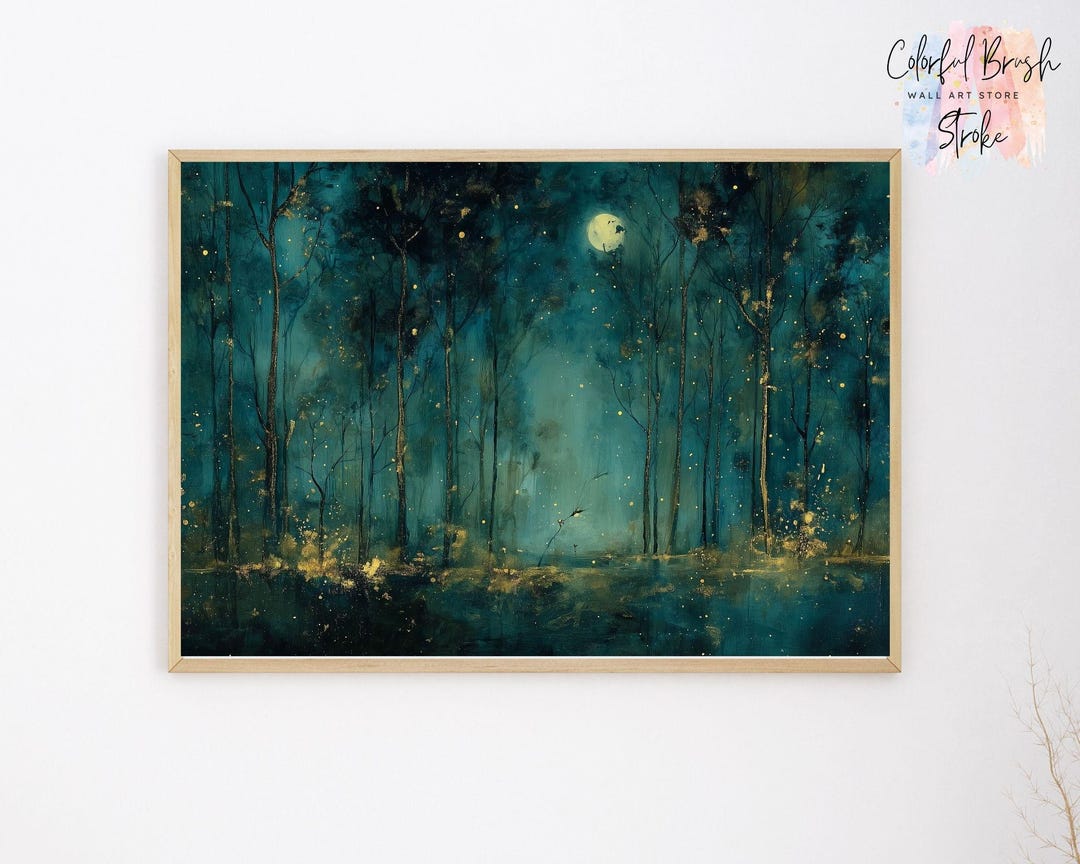 Moon & Stars Dark Forest Wall Art Printable, Vintage Night Sky ...