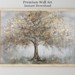 Op de afbeelding: Een ingelijst kunstwerk met een boom met goudkleurige bladeren en een bruine stam, tegen een grijze en witte achtergrond. De schildering heeft een textuur. De tekst "Premium Wall Art Instant Download" staat bovenaan.