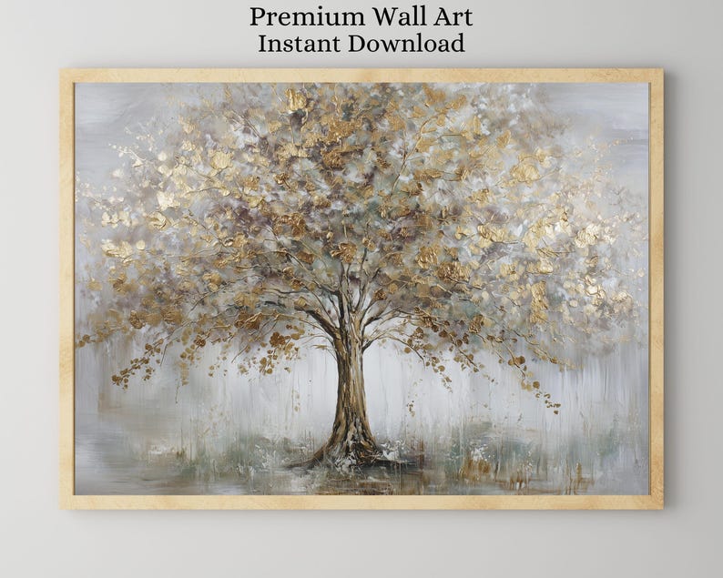 Gold Tree of Life Wall Art Printable, Abstract Gold Leaf Tree Painting ...