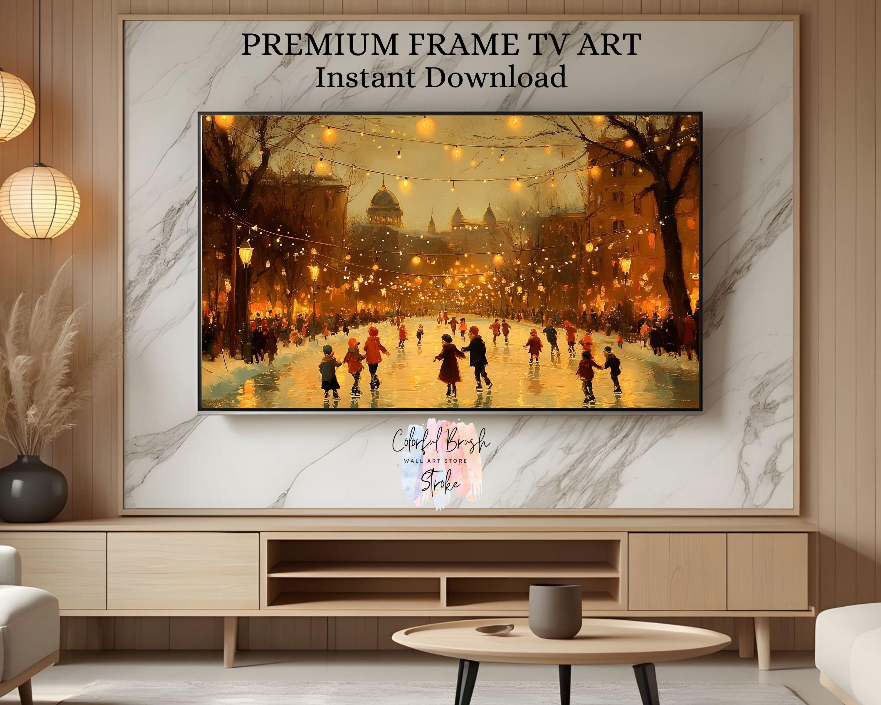 Tv 059 009 Winter Ice Skating Village TV Frame Art, Christmas Eve Digital Painting ...