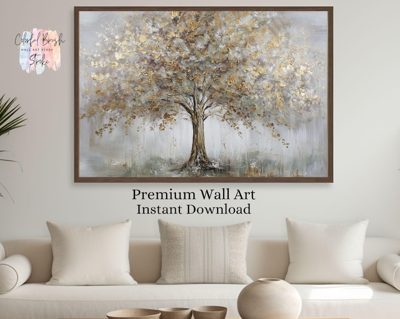 Gold Tree of Life Wall Art Printable, Abstract Gold Leaf Tree Painting ...