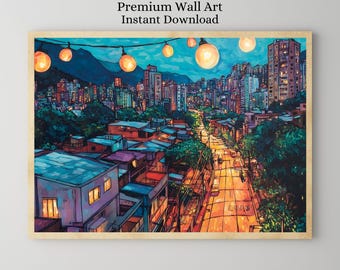 May include: An artistic print of a city at night, featuring buildings, streets, and string lights. The artwork is in a colorful, illustrative style, with a focus on the urban landscape and the warm glow of the city lights. Text at the top reads "Premium Wall Art Instant Download."