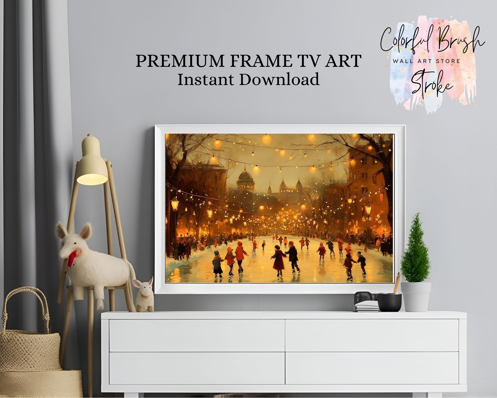Tv 059 009 Winter Ice Skating Village TV Frame Art, Christmas Eve Digital Painting ...