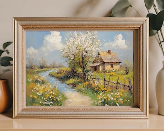Spring Cottage Impressionist Landscape Art | Printable Countryside Oil Painting (Digital Download)
