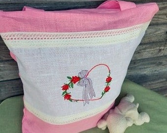 White and Pink Linen  Embroidered tote bag with zipper  Canvas bag Shopping bag Beach bag, Handmade bag, Embroidered purse, Bags and purses