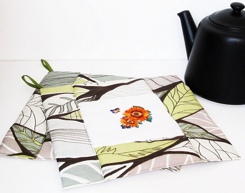 Embroidered Linen Pot Holders Set of 2 Natural Linen and Etsy