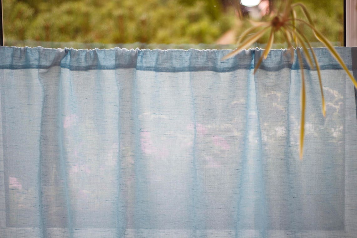 Light Blue Linen Cafe Curtain Natural Kitchen Valance Etsy
