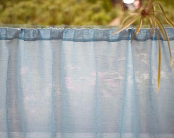 Handmade Light Blue Linen Cafe Curtain, Rustic Cottage Valance,Natural Kitchen Valance,