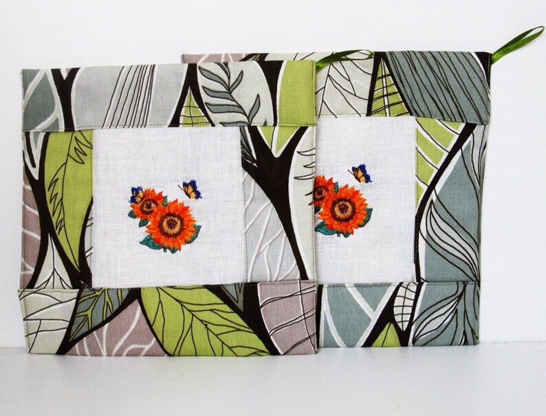 Embroidered Linen Pot Holders Set of 2 Natural Linen and Etsy