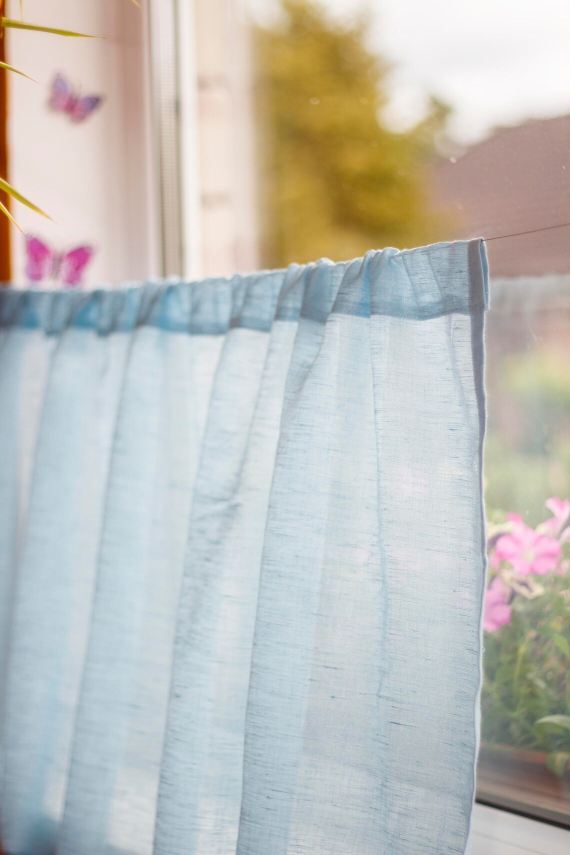Light Blue Linen Cafe Curtain Natural Kitchen Valance Etsy