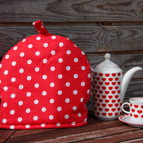 Cotton red and White Polka Dot Coffee Pot Cozy,  Coffe lover, White, Pure Cotton Coffee Pot Warmer, Handmade,  Small Size