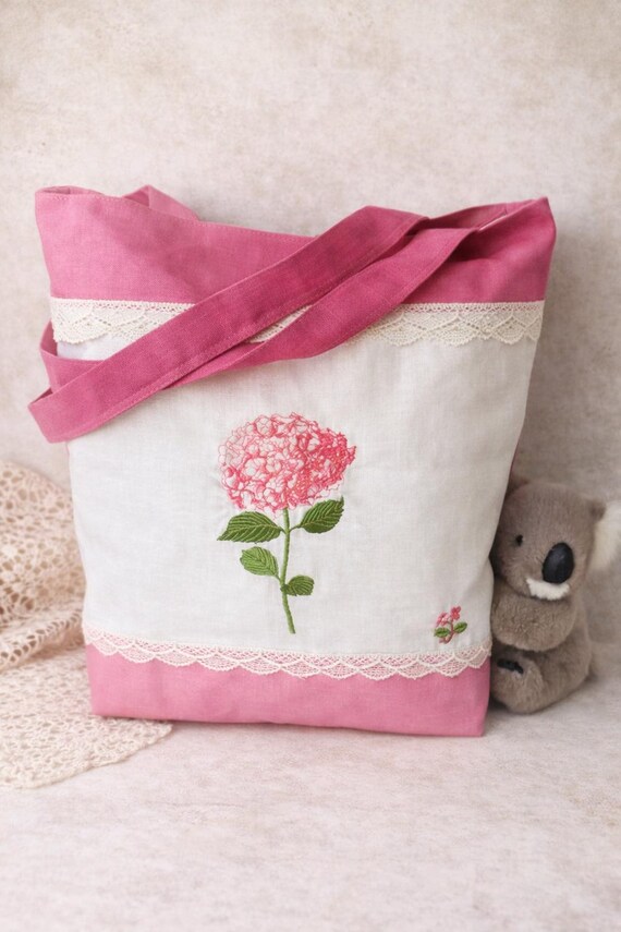 Pink and White Natural Linen Tote Bag, Canvas tote bag, Embroidered bag, Handmade bag Hydrangea pattern