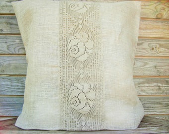 Gray Linen Pillow Cover, Gray Lace Throw Pillow 16x16 inch, Decorative Pillow, 100% Pure linen Shams, Handmade Customizable Cushion