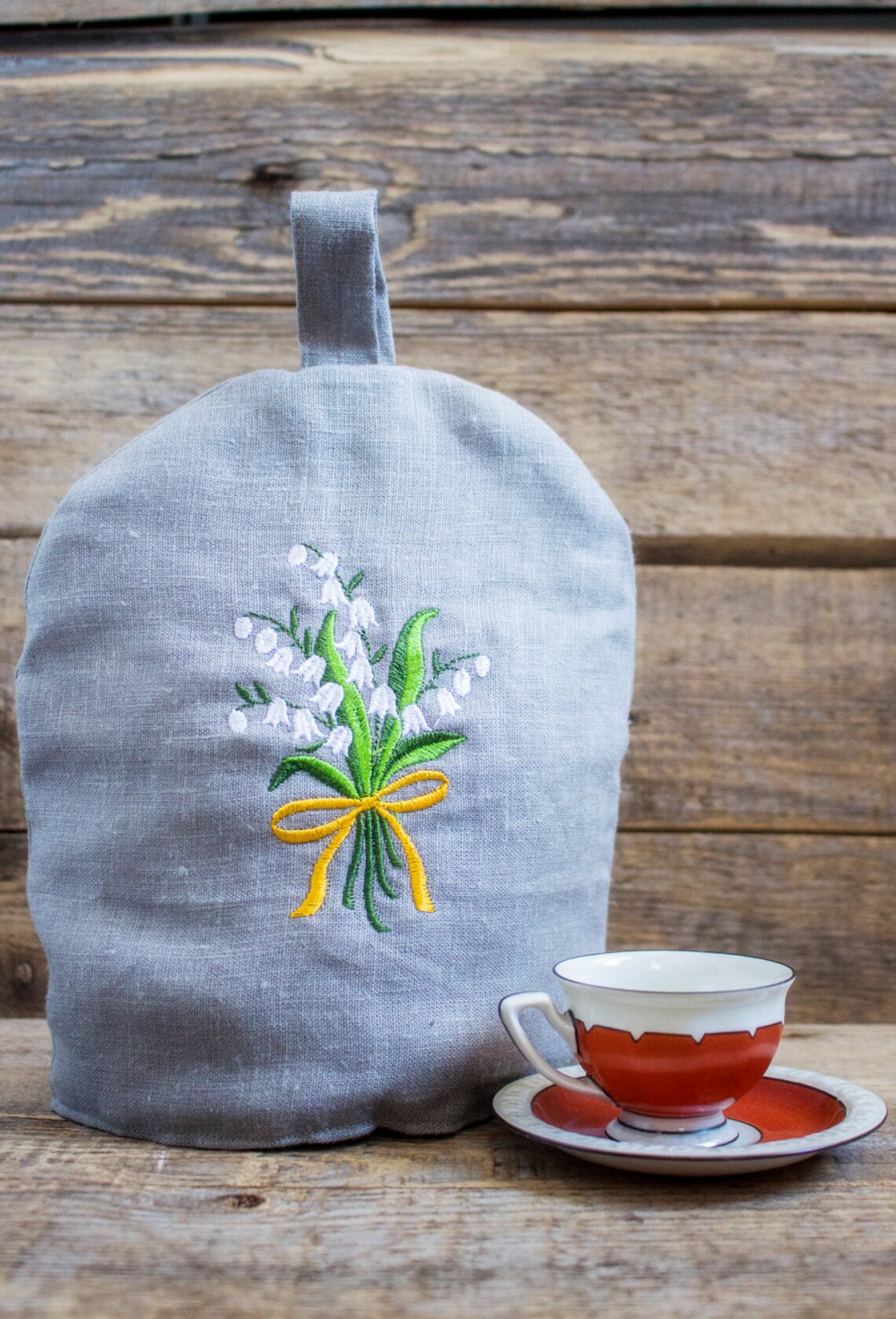 Small Linen Coffee Pot Cozy, Embroidered, Pure Linen Coffee Pot Warmer