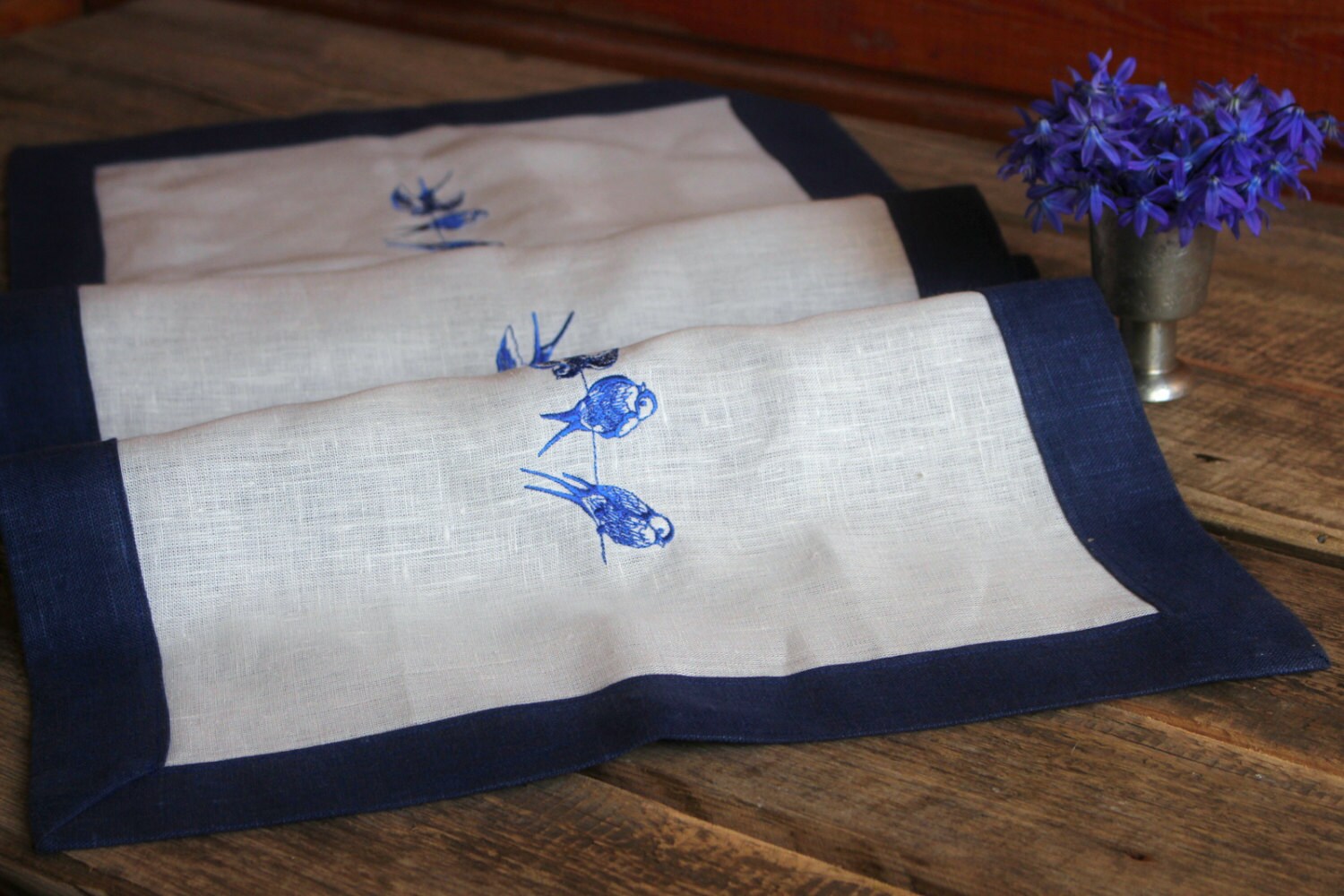 Blue and White Linen Table Runner With Birds Embroidery, Handmade Linen
