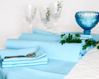 Light Blue Linen Table Runner, Handmade Linen Table Cloth, Wedding Decor, 100% Pure Linen, Mitered Corners
