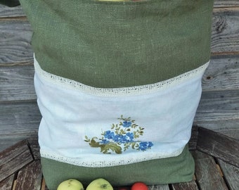 Linen Tote Bag, Embroidered Bag, Natural linen, Grocery Reusable Bag, Natural Beach
