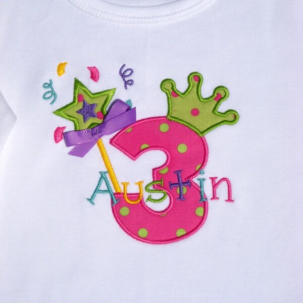 Girls' Birthday Crown and Princess Wand Hot Pink/Lime Ruffled Hem Puffy Long Sleeve T-Shirt