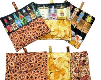 Ale, Pretzels & Snacks Hot Pad: Heavy Duty Pot Holder, Man Cave Grill Decor