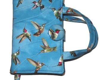 Quilted Book Cover: Hummingbird Paperback Protector with Bookmark, Snug Fit  6 5/8" x 4 1/4" x 1", Choice of Carry Handles, Design Choice