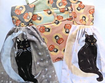 Halloween Kitty Cat Hot Pad or Double Hand Towel: Half Moon & Stars