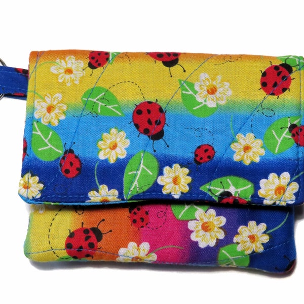 Quilted Tea Bag Wallet Includes 4 Tea Bags, Handmade Teabag Holder, Magnetic Closure Ladybugs, Daisy and Rainbow Stripes