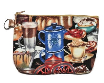Quilted Cosmetic Bag: Handmade Zipper Pouch - Choice of Fabric Sailboats, Eagle, Coffee Clatch