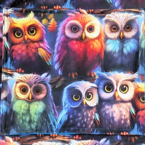 May include: A fabric panel featuring a repeating pattern of colorful owls. The owls have large, expressive eyes and are depicted in shades of red, orange, blue, and green against a dark blue background. The design is detailed and whimsical.
