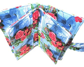 XL Tea Bag Wallet: Handmade Fabric Organizer, Vintage Tea Cups & Roses, Twelve Pockets