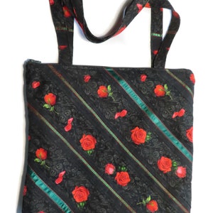 Artisan Red Roses Quilted Tote Bag With Six Inner Pockets, Over the ...