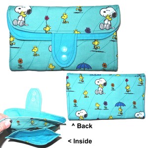 Tea Bag Wallet: Mega Size Handmade Fabric Organizer, Pink Tea Cups & Roses, Three Pockets, Phone Clutch Snoopy & Woodstock