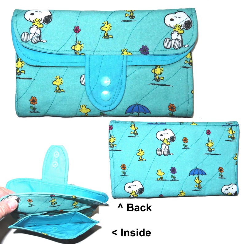Tea Bag Wallet: Mega Size Handmade Fabric Organizer, Pink Tea Cups & Roses, Three Pockets, Phone Clutch Snoopy & Woodstock