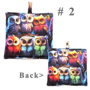 May include: Two square, quilted pot holders with a colorful owl design. The owls are in shades of blue, orange, red, and green. The pot holders have a loop for hanging and the text "# 2" and "Back >" are visible.