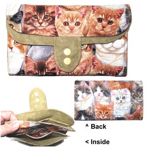 Tea Bag Wallet: Mega Size Handmade Fabric Organizer, Pink Tea Cups & Roses, Three Pockets, Phone Clutch Kitty Cats