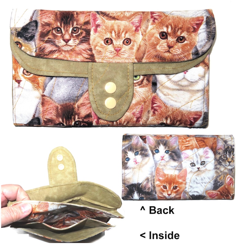 Tea Bag Wallet: Mega Size Handmade Fabric Organizer, Pink Tea Cups & Roses, Three Pockets, Phone Clutch Kitty Cats