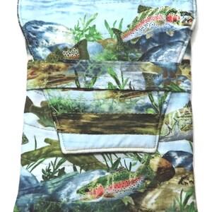 May include: A blue and green fabric pouch with a zipper closure and a design of trout fish in a stream. The pouch has a brown strap.
