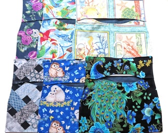 One Large Clothespin Bag, Eco Friendly Peg Bag, Your Choice: Peacock, Owl Families, Woven Blues, Sea Coral Life,  Tropical Birds or Flowers