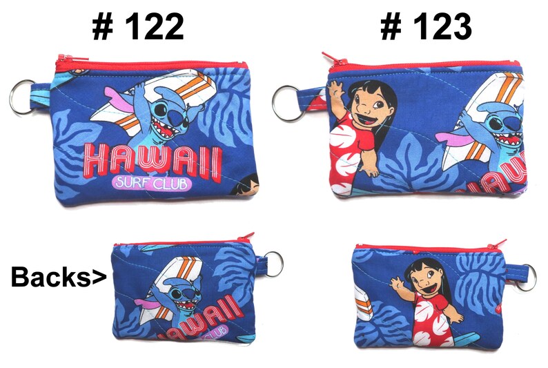 May include: Blue coin purses with red zippers and key rings. One purse features Stitch surfing with the text "Hawaii Surf Club". The other purse shows Lilo waving. Both purses have a blue floral background.