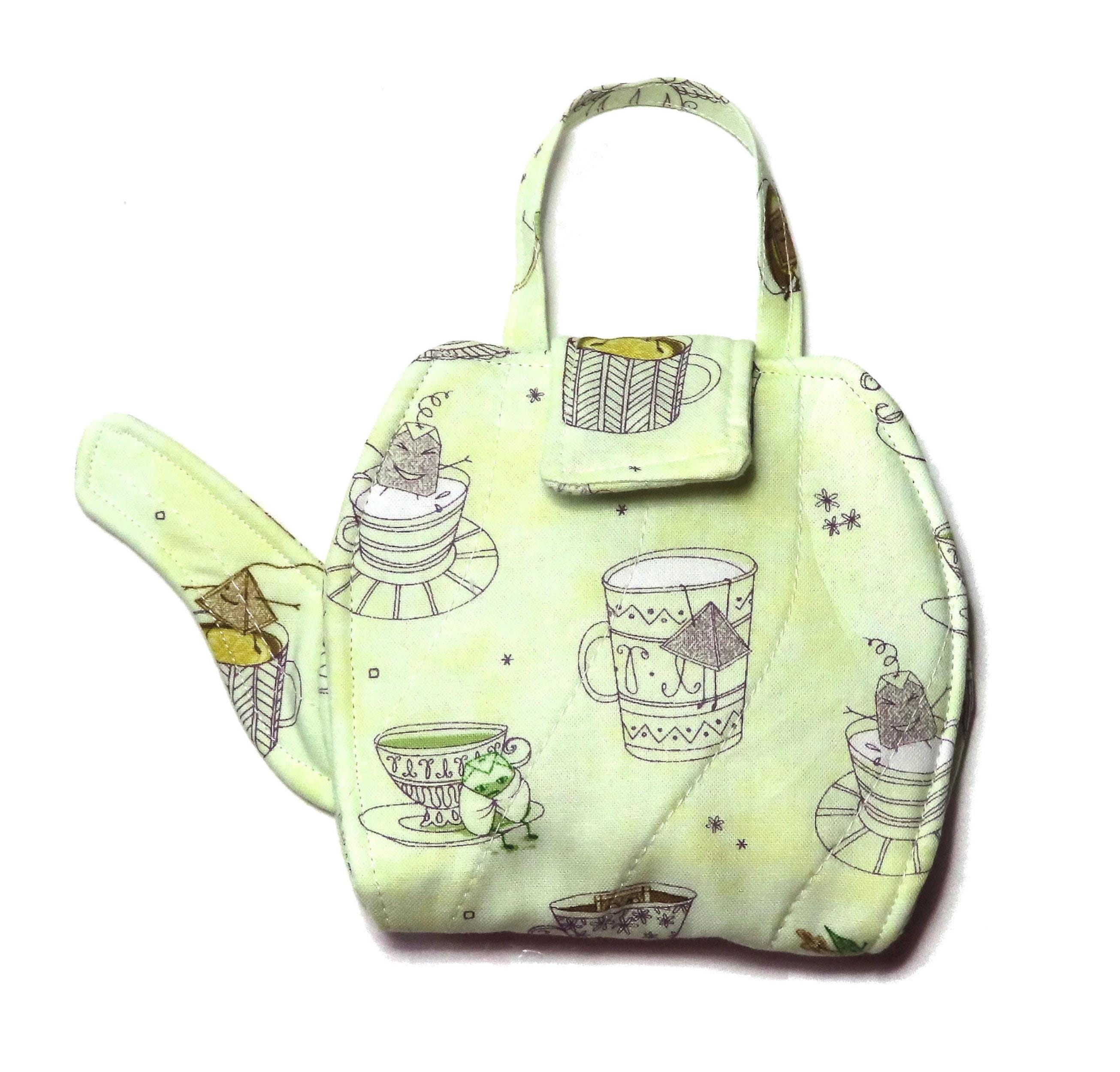 Teapot Shaped Tea Bag Wallet, Quilted, Handcrafted, Nothing Falls Out, Secure Hold, Your Choice Tea Cups, Macarons, Gnomes, Alice Wonderland