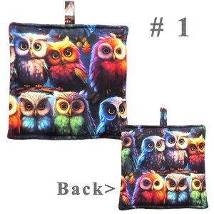May include: Square, padded potholder featuring a colorful owl design. The owls have vibrant plumage in shades of blue, red, orange, and green. The potholder has a loop for hanging and the text "# 1" is visible.